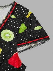 Flirla Plus Size Fruit Polka Dot Print Waist Flare Dress Vacation Summer 90s 1960s 80s Party Black - Multicolor - View 6