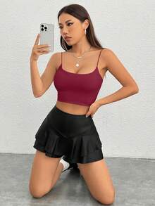 SHEIN PETITE 女款時尚純色百搭性感短版細肩帶背心，適合嬌小女性 - 酒紅色 - 查看 4
