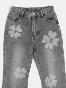 SUMWON Vintage Washed Denim Jeans With White Floral Print Design Straight Leg Casual Pants Retro Style - Grey - View 3