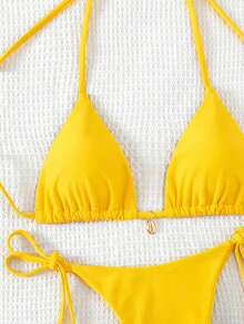 Swim Basics Solid Color Bikini Set For Beach Vacation Vacation Butter Yellow Summer Casual - Pale Yellow - View 5