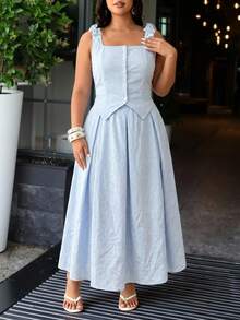 Modelyn Plus Size Solid Color Jacquard Camisole With Bow Tie Shirt And A-Line Skirt Casual 2-Piece Set For Women Gym Brown Summer - Baby Blue - View 4