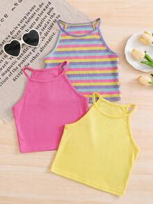 3pcs Set: Solid Color Knit Sleeveless Tank Top & Striped Knit Sleeveless Tank Top For Young Girls - Multicolor - View 2