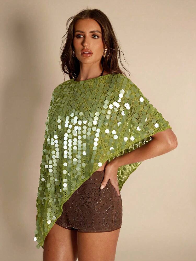 SHEIN BAE Women'S Fashion Vacation Sequin Asymmetrical Hem Chiffon Cover Up Bathing Suits For Women Cover Ups For Swimwear - Army Green - View 4