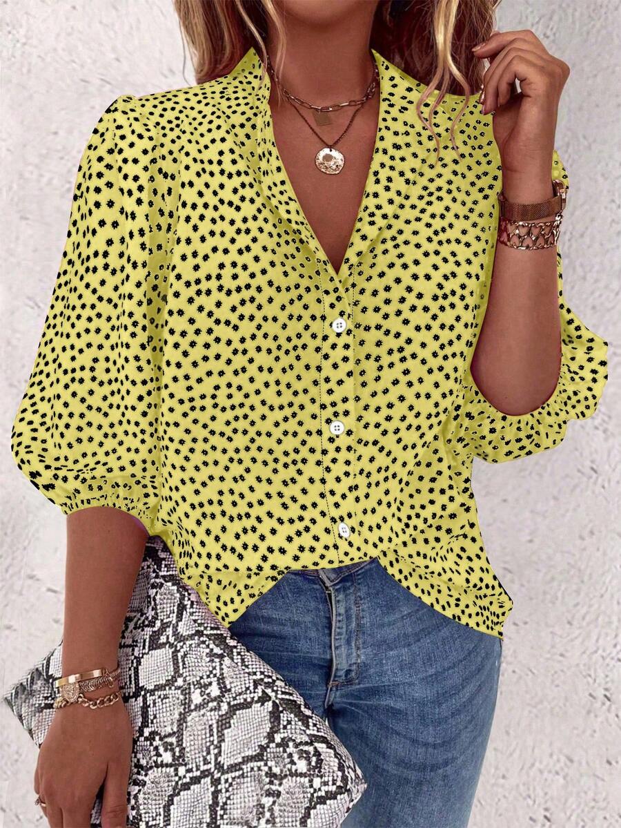EMERY ROSE Plus Size Women Floral Print Contrast Color Single-Breasted Casual 90s Shirt Tea Party Light Yellow Summer - Apricot - View 1