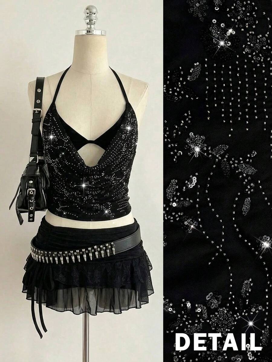 Attitoon Áo vest nữ phong cách Y2K tối giản thường ngày, thích hợp cho lễ hội âm nhạc, mùa xuân và hè, chất liệu lưới xuyên thấu gợi cảm với thiết kế nhiều lớp dành cho nữ. - màu đen - Xem 1