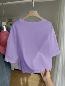 Comfortcana Purple Solid Color Dropped Shoulder Casual Plus Size T-Shirt - Purple - View 2