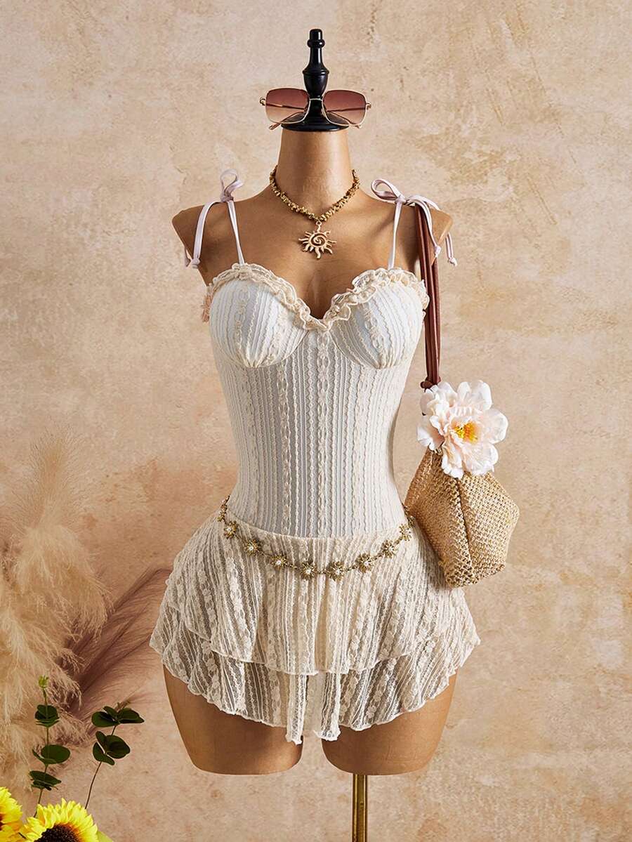 Bellisia 女士纯色蕾丝拼接扭结前开襟连体泳衣 - 米色 - 查看 1