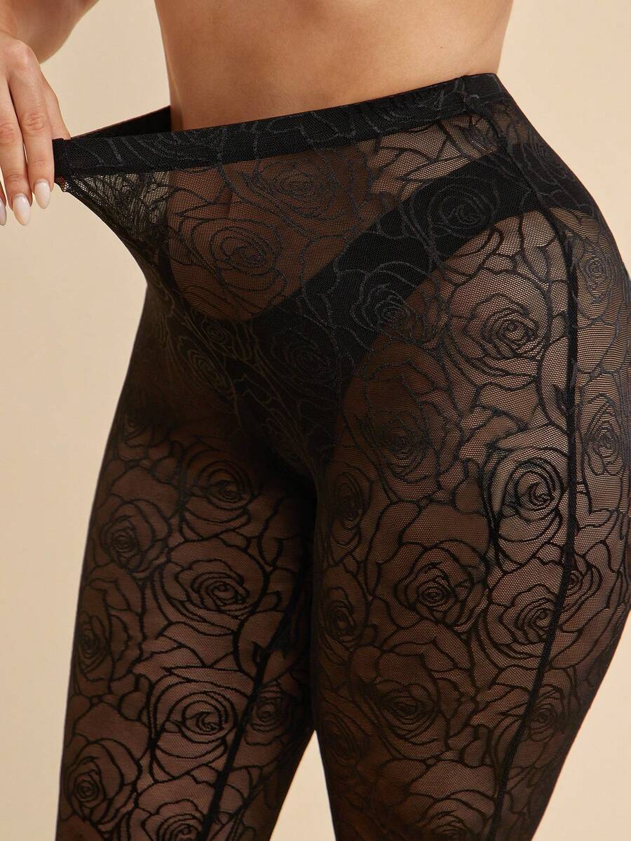 SHEIN BAE CURVE Plus Size Black Semi-Sheer Flocked Mesh Stirrup Leggings,Rose Pattern Tights For Women,Elegant Floral Design Pantyhose,Autumn Classy Rave See-Tights - Black - View 1