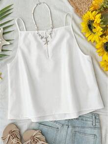 Travachic Women's Summer Casual Vacation Tropical Plant Embroidery Camisole,Summer Top - Blue and White - View 2
