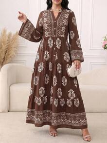 Plus Size Cream Flower Embroidered Striped Pattern Women's Dress All-Over Floral Print Striped Bohemian Embroidered Belt Ruffles - Brown - View 3
