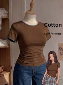 Comfortcana Plus Size Waist Ruched Elastic T-Shirt - Brown - View 5