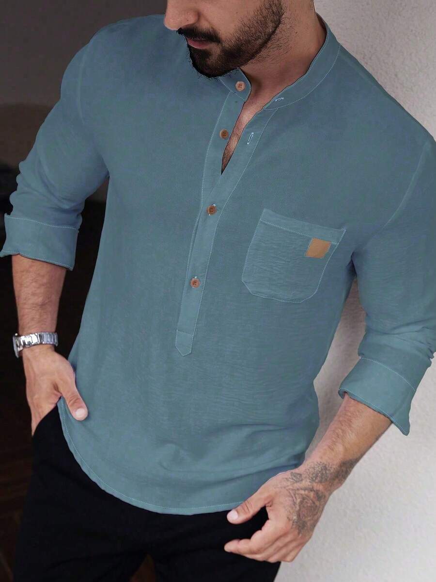 Manfinity Homme Men's Casual Commuter Solid Color Blue Long Sleeve Shirt, For Fall - Blue - View 1