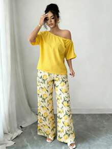 SHEIN VCAY Women's Vacation Asymmetrical Shoulder Solid Color Shirt And Lemon Print Casual Pants 2-Piece Set - Multicolor - View 4