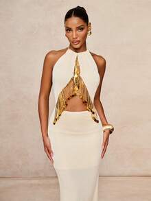 Lumalex Women's Elegant Beige Summer Sequin Tassel Decor Backless Bodycon Maxi Dress,Halter Hollow-Out Mermaid Hem Pearl Dress For Party Night Birthday Party - Apricot - View 10