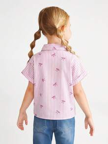 SHEIN 年轻女孩编织宽松落肩简约条纹系带休闲衬衫 - 粉色 - 查看 2