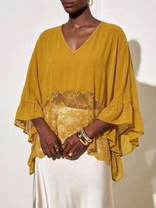Zivah Blusa holgada de mujer con cuello en V, mangas con volantes y encaje de contraste - Mostaza Amarilla - Ver 3
