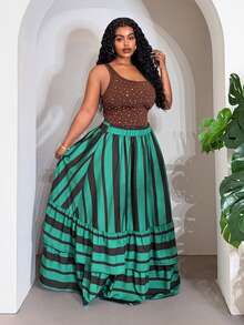 Slaydiva Chân váy maxi nữ phong cách Boho màu xanh lá cây và nâu kẻ sọc, eo chun 5cm, xếp tầng, dáng chữ A, kiểu dáng thường ngày, thích hợp cho kỳ nghỉ hoặc dạo phố. - màu xanh lá - Xem 6