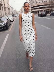 Maija Satin White With Black Polka Dots Scoop Neck Sleeveless Dress For Women,Dresses For Women Summer Garden Party Elegant - White - View 6