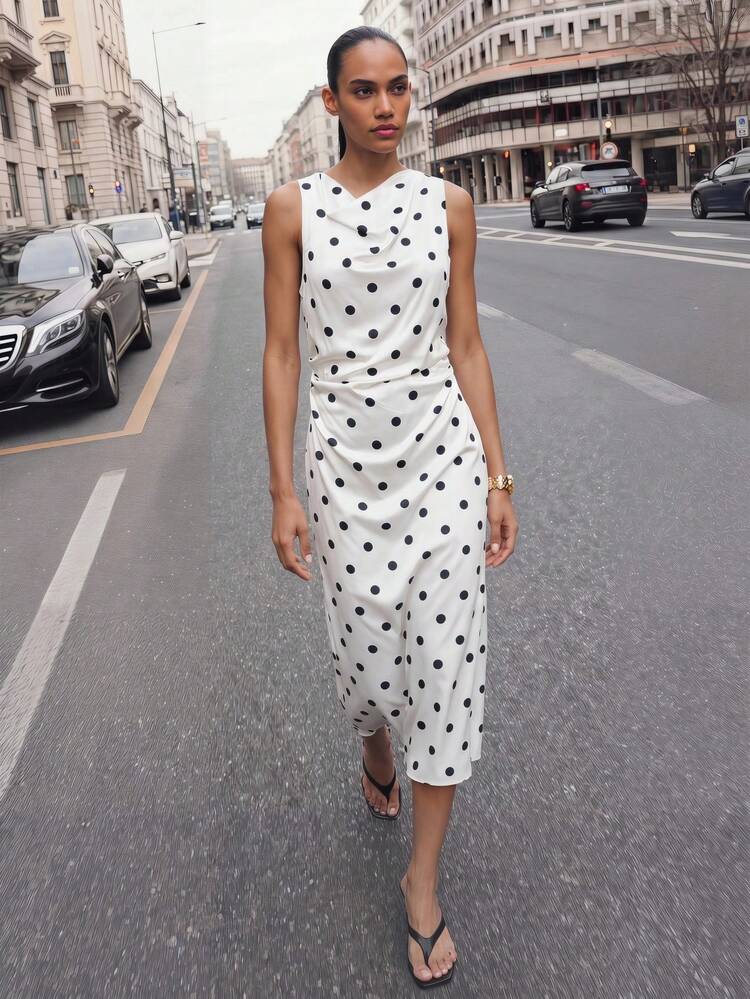 SHEIN Maija Satin Polka Dot Scoop Neck Sleeveless Dress For Women,Dresses For Women Summer