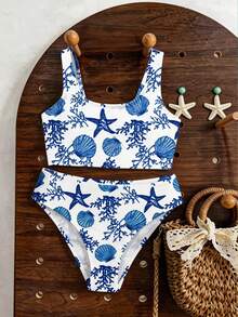 SHEIN Fresh Blue Seashell & Marine Life, Starfish Coral Print Pattern Young Girl Casual Minimalist Tankini Swimwear Set, Suitable For Summer - Multicolor - View 4
