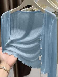 INAWLY Women's Standard Size Solid Color V-Neck Button Front Casual Long Sleeve Cardigan - Blue - View 1