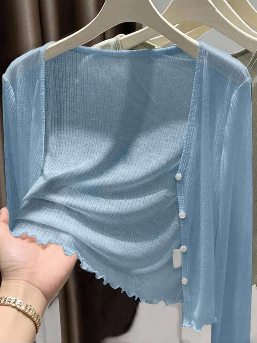 INAWLY Women's Standard Size Solid Color V-Neck Button Front Casual Long Sleeve Cardigan - Blue - View 1