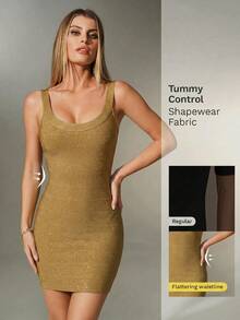 Nuvra Bandage Fabric Spaghetti Strap Bandage Bodycon Party Club Night Dress Olive Green Summer ,Petite Women - Gold - View 6
