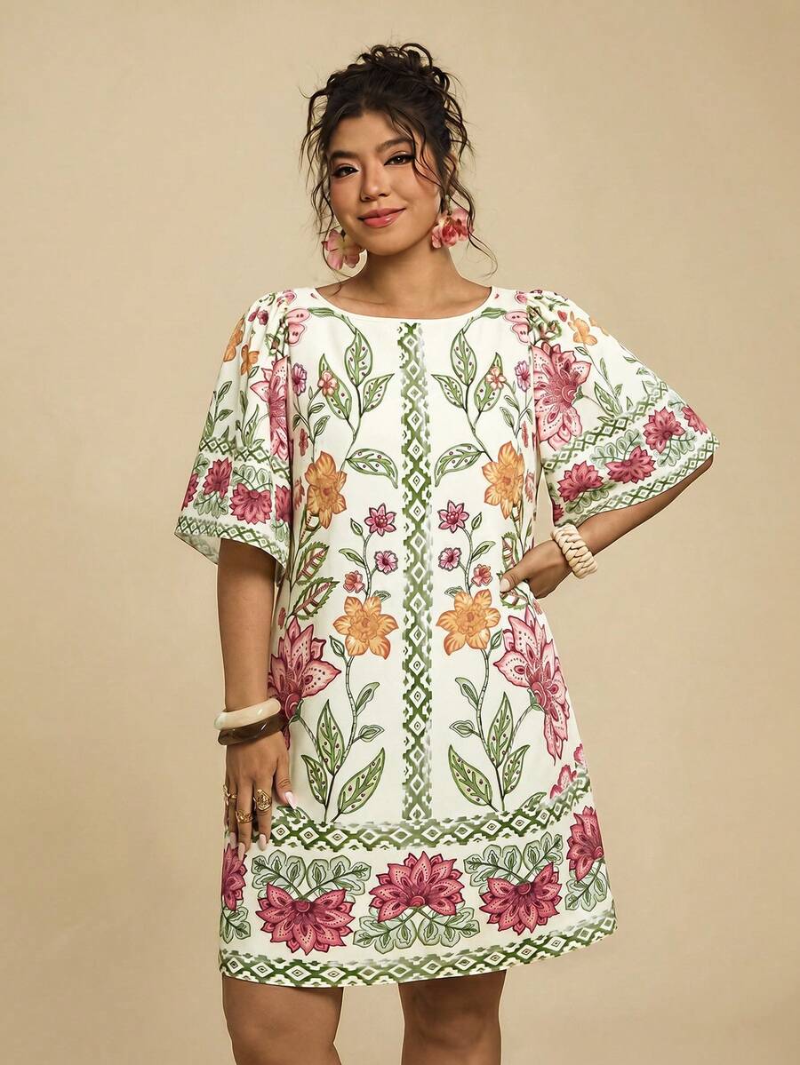 Travachic Damen Große Größen Tropisch Boho Muster Locker Sitzend Rundhals Kurzarm Casual Kleid, geeignet für Herbst, Urlaubsoutfits für Frauen - Verschiedenfarbig - Übersicht 1