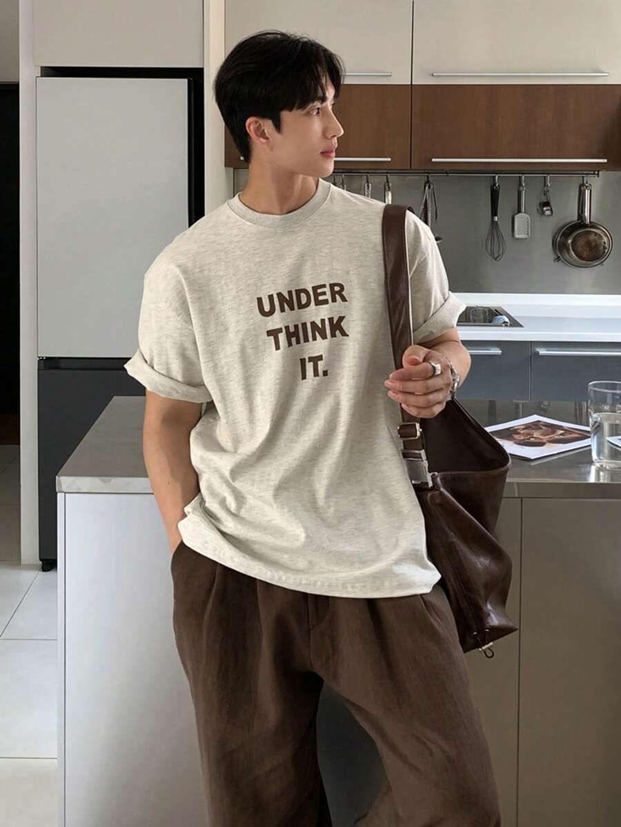 DAZY Light Gray Letter Print Short Sleeve T-Shirt Paired With Brown Pants Men's Outfit Summer - Multicolor - View 1