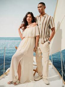 SHEIN Camisa de hombre para vacaciones con estampado geométrico, color de contraste, de un solo pecho, para días festivos - Albaricoque - Ver 3
