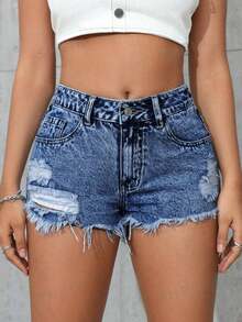 SHEIN PETITE Quần short denim nữ kiểu dáng thường ngày, rách gấu. - Rửa trung bình - Xem 1