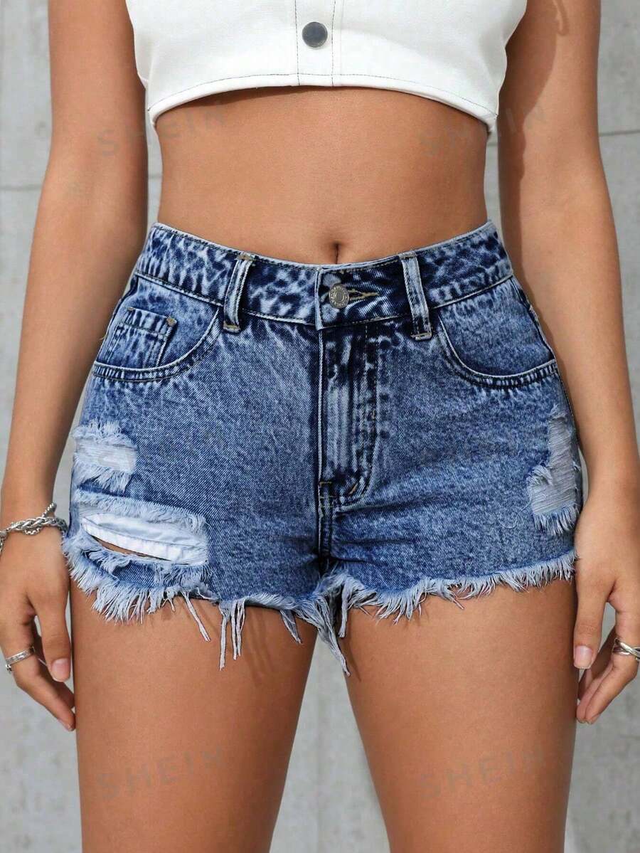 SHEIN PETITE Quần short denim nữ kiểu dáng thường ngày, rách gấu. - Rửa trung bình - Xem 1