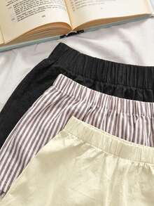 SHEIN VCAY 3件套女士夏季编织时尚多色亚麻短裤，女士夏季服装，夏季服饰，科切拉音乐节，女士节日服装 - 黃色 - 查看 4