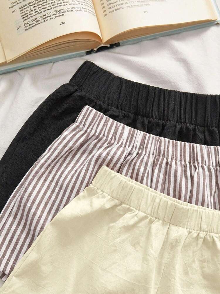 SHEIN VCAY 3件套女士夏季编织时尚多色亚麻短裤，女士夏季服装，夏季服饰，科切拉音乐节，女士节日服装 - 黃色 - 查看 4