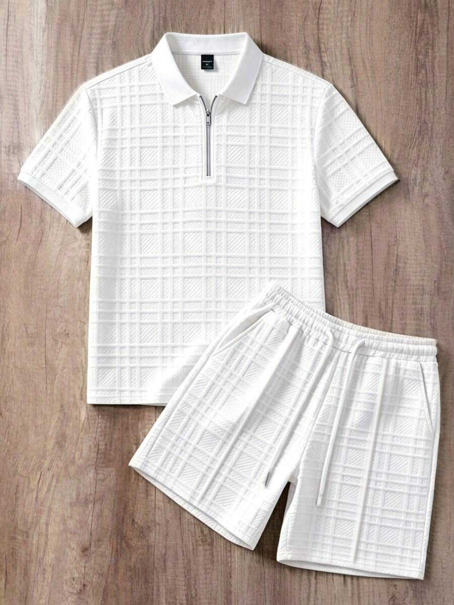 Manfinity Joysei Men's Knitted Jacquard Solid Color Textured Collar & Cuff Pure White Ribbed Zip-Up Polo Set - White - View 1