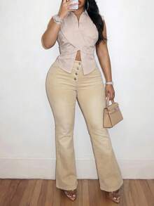 Slaydiva Nouveau style d'été, fête d'anniversaire, trajets quotidiens, polyvalent basique, décontracté, article, rendez-vous, fête, festival de musique, style de rue sexy, chic, utilitaire de rue, rétro de rue, Top court à col chemise sans manches beige unicolore, ourlet fendu style bustier, tissu tissé, top court grande taille - Beige - Voir 6