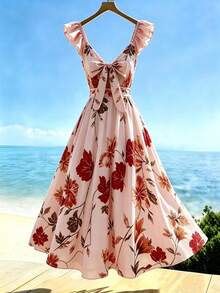 SHEIN Franclia 女士V领荷叶袖褶皱腰部露背系带波点印花连衣裙，春夏休闲度假连衣裙 - 淺粉色 - 查看 2