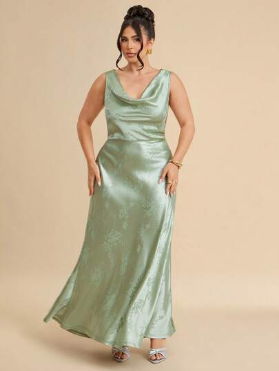 SHEIN BAE CURVE Plus Size Women's Satin Floral Print Elegant Draped Neck Sleeveless Dress, Suitable For Evening Party, Business Occasions