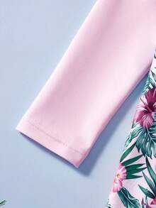 SHEIN Bộ đồ bơi liền thân in họa tiết nhiệt đới cho bé gái, thích hợp cho kỳ nghỉ biển. - Hồng - Xem 5