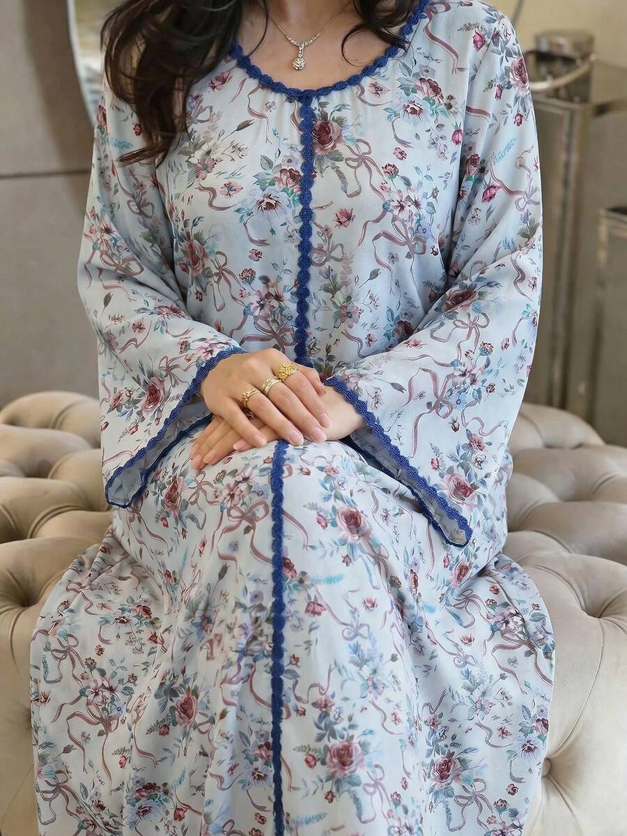 Al Najma Plus Size Women Elegant Floral Print Patchwork Belted Arabic Style Dress - Blue - View 1