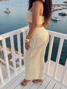 Veslaya Plus Size Women's Metal Starfish Decor Sheer Knit Tube Dress,White,Summer,Beach,Vacation,Holiday,Music Festival,Birthday,Anniversary,Graduation Season - White - View 3
