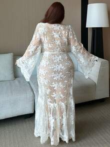 Dazy Plus Plus Size Women Sexy Sheer Lace Loose Long Nightgown, White Lace Robe For Spring & Summer - White - View 4
