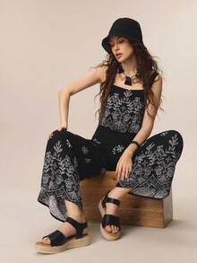 Styleloop 女士时尚纯色编织休闲坡跟凉鞋，波西米亚度假风复古帆布坡跟踝带凉鞋，西部风格，音乐节派对服装，度假氛围，夏季穿着，旅行必备 - 黑色1 - 查看 4