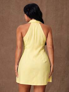 Rustia Plus Size Women Knight Pattern Single-Breasted Sleeveless Shirt Dress - Yellow - View 2