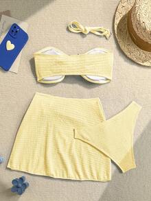Soleia Set Bikini Wanita untuk Liburan Pantai Musim Panas dengan Dekorasi Bintang Laut Logam dan Rok Penutup, Set 3 Potong - Kuning - View 2