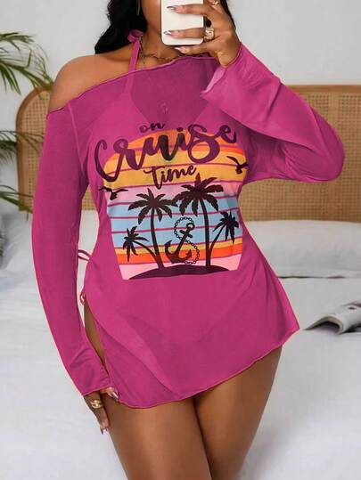 Slaydiva Bộ 3 món cỡ lớn in hình cây dừa, áo khoác lưới và bikini màu cam, thích hợp cho mùa hè đi biển và nghỉ mát.