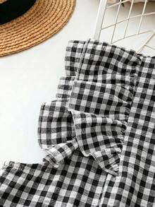 SHEIN LUNE 大码女式格子荷叶袖V领休闲衬衫 - 黑與白 - 查看 5