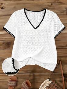 SHEIN Holidaya Áo thun nữ mùa hè màu đen trắng tương phản cổ chữ V, viền ren, dáng rộng, thoáng mát, đa năng, đơn giản, thích hợp đi làm. - trắng - Xem 3