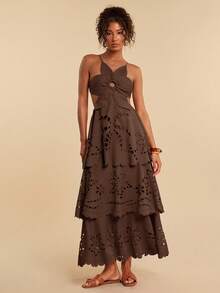 Travachic Solid Color Woven Multi-Layer Ruffle Hem Spaghetti Strap Backless Dress For Women, Spring/Summer - Brown - View 7
