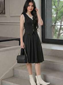 2pcs/Set Blue Denim Sleeveless Vest & Pleated Mini Skirt For Teenage Girls - Black - View 2